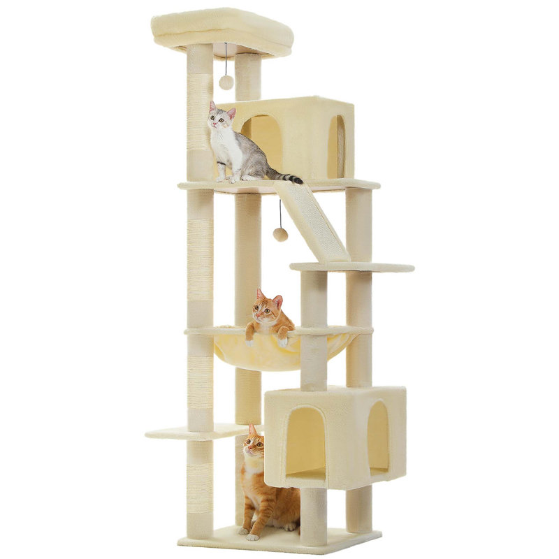 Maison pour chat de 71 po à deux niveaux avec 2 grands coussins, hamac douillet et poteaux à griffes 71 po, Beige