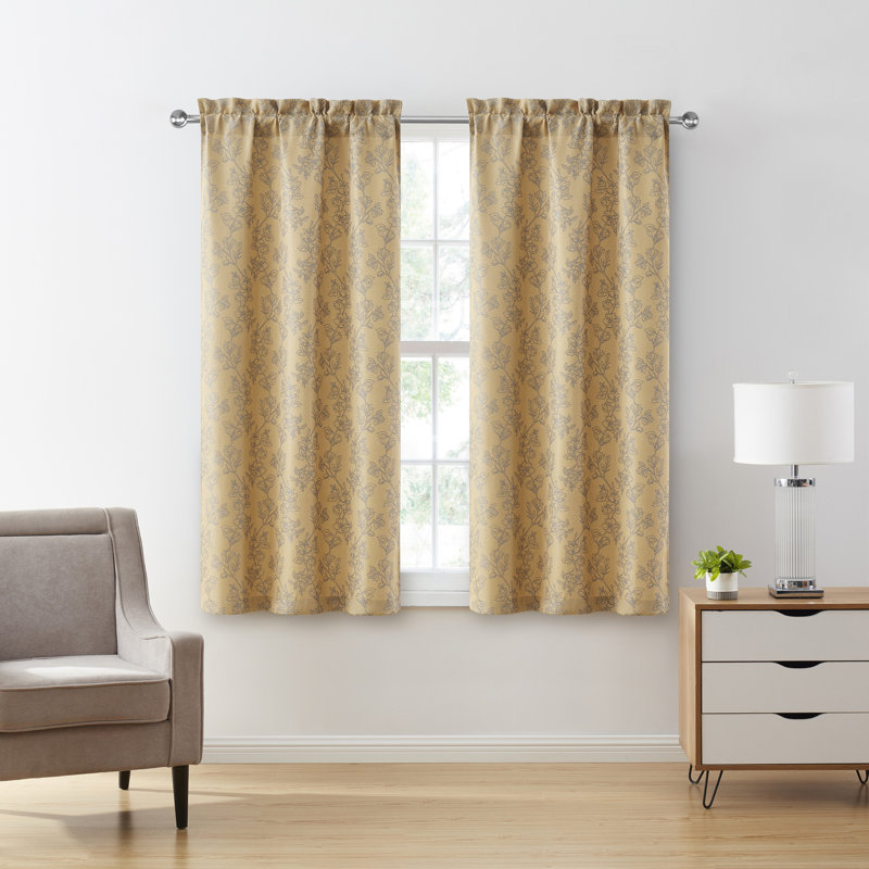 Carmen 2-Piece Floral Rod Pocket Curtain Panel Set, 38" W x 63" L, Gold