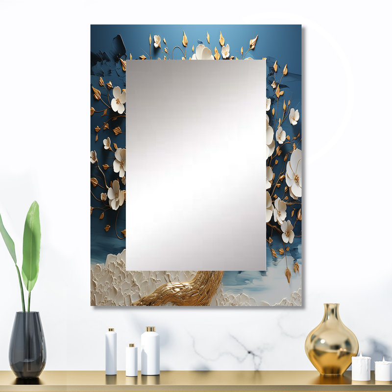 Orchidée bleue et blanche Golden Of Branches II - miroir mural arbre, miroir décoratif doré, impression d'art en métal