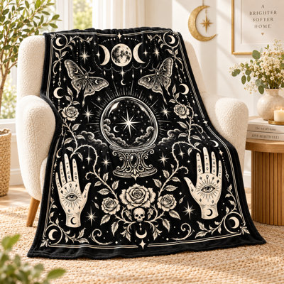 Couverture en flanelle noire et ivoire à motif de phases lunaires célestes, ornée de boule de cristal, de papillons de nuit, de roses et de mains de chiromancie, idéale pour le canapé, le lit, la lecture et les voyages, 76 x 102 cm.