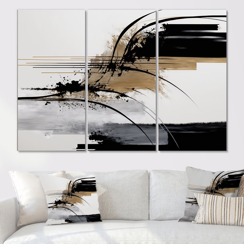 Avetik noir, blanc et or Expression II - ensemble d'art mural moderne sur toile, H 28 po x l 36 po, Toile tendue, Sans cadre