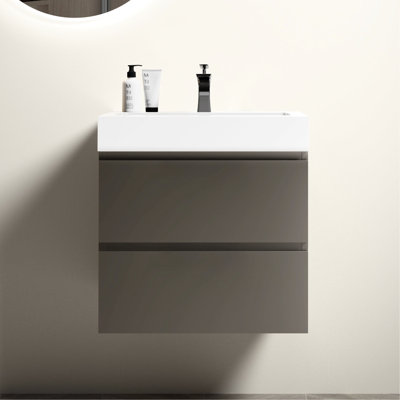 Meuble-lavabo moderne gris 61 cm (24 po) - Fixation murale avec lavabo, double tiroir pour un rangement optimal, fermeture silencieuse, style chic et moderne sans lavabo, pour un rangement facile, motif raton laveur, élégant