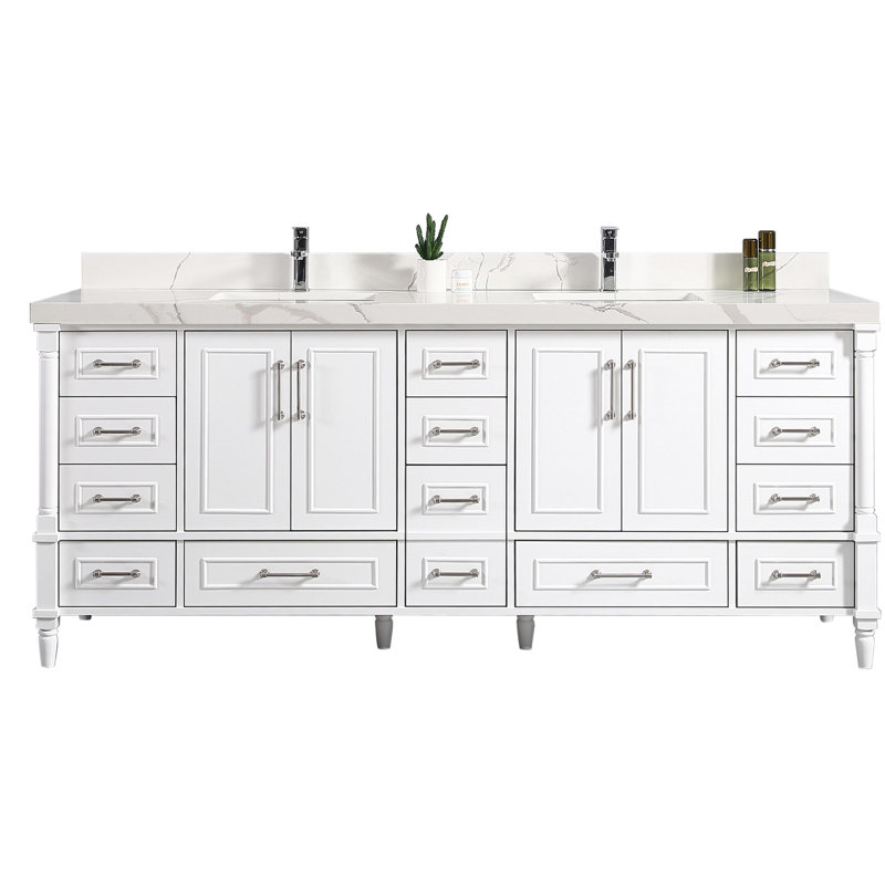 Ensemble de meuble-lavabo double 84 po Muirhead, Calacatta, Nickel brossé, Blanc