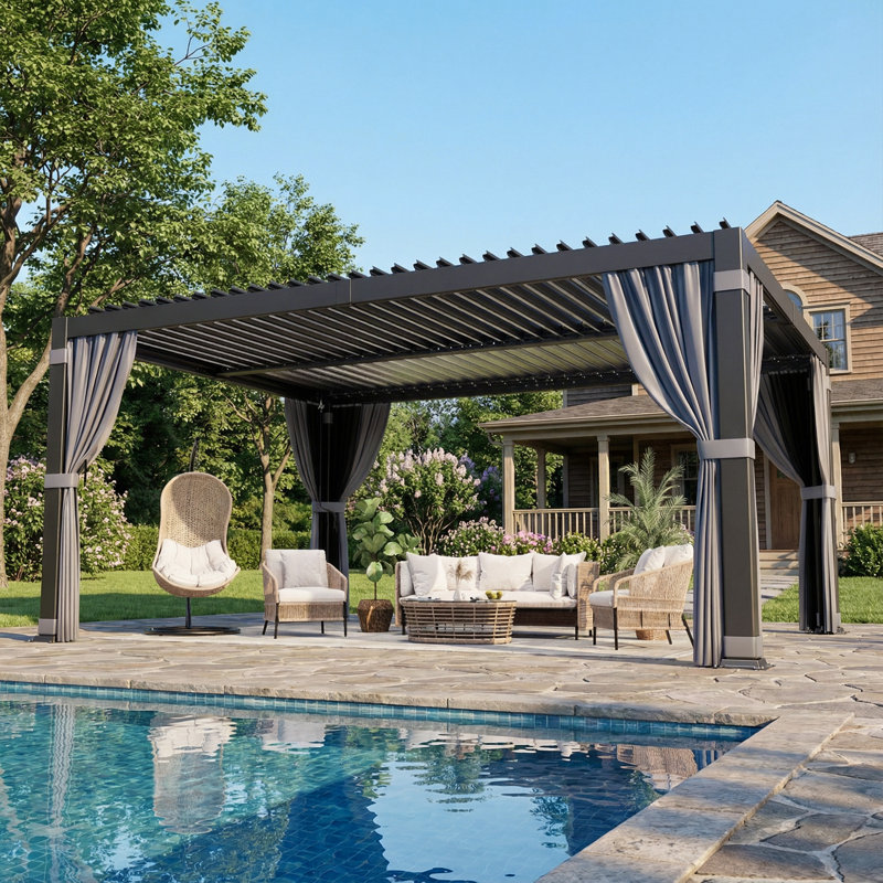 Aluminum Pergola with Adjustable Louvered Roof, Water-Resistant Curtains, and Mesh Netting, 16 Ft. W x 12 Ft. D