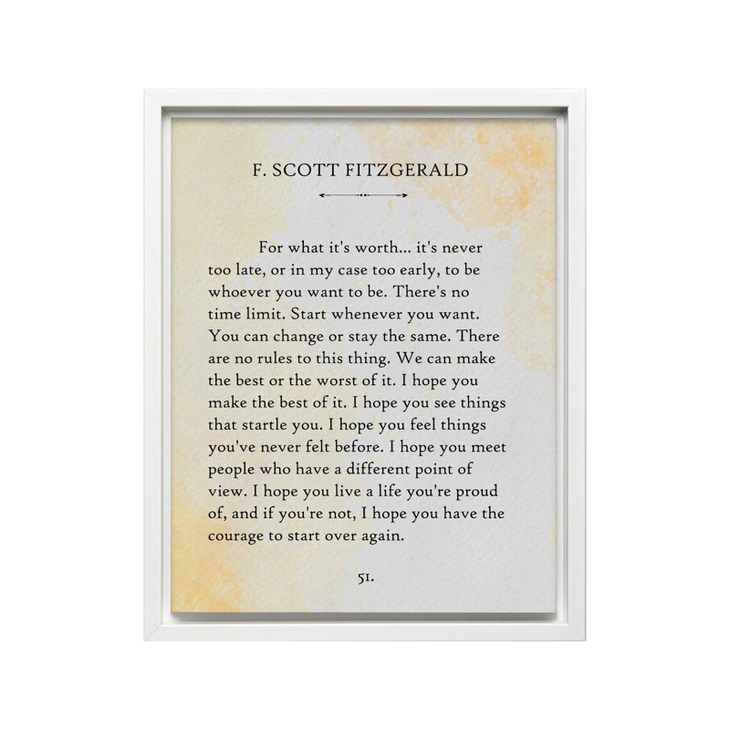 F. Scott Fitzgerald - Pour ce qu'il vaut, Canevas, Encadrement blanc, H 08 po x l 10 po