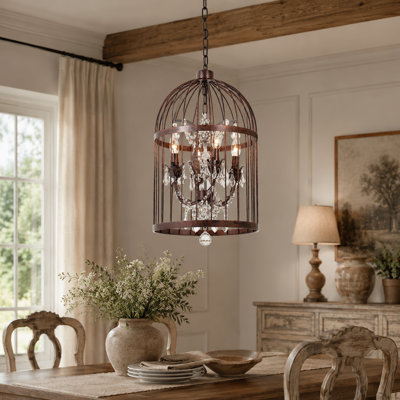 Lustre en cristal 4 lumières à cage d'oiseaux rétro, luminaire suspendu industriel à hauteur réglable pour salle à manger, vestibule, bar