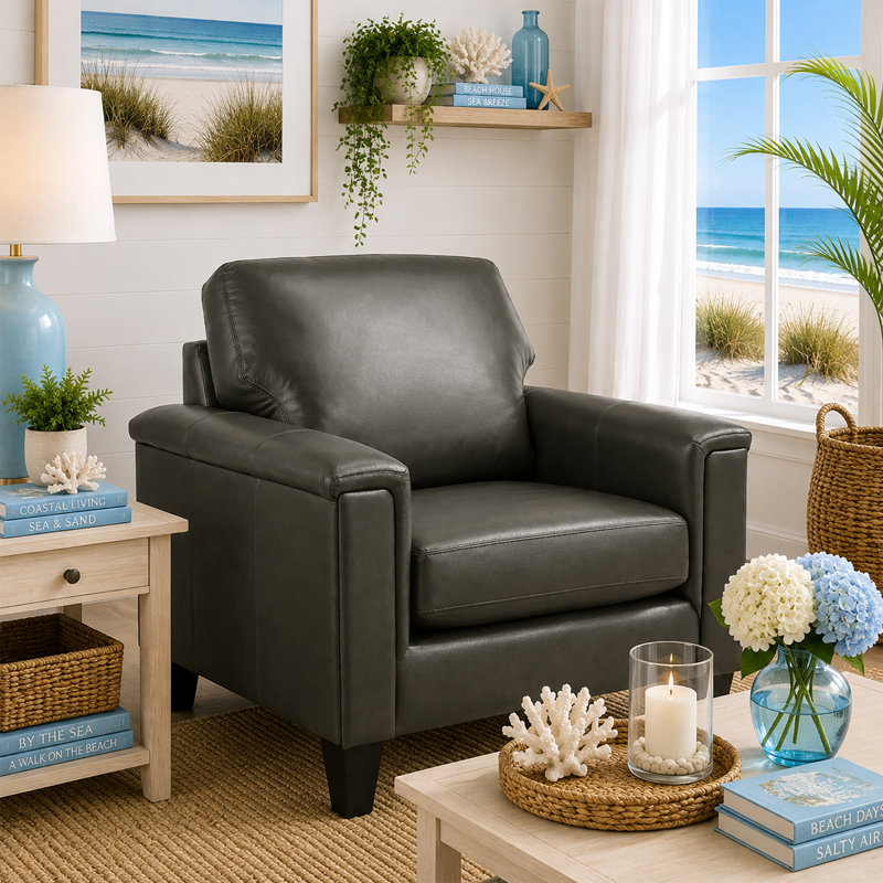 Benson Upholstered Armchair, Charcoal Genuine Leather