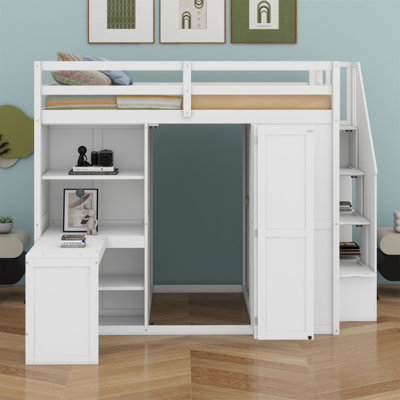 Lit mezzanine avec garde-robe, bureau et tablettes