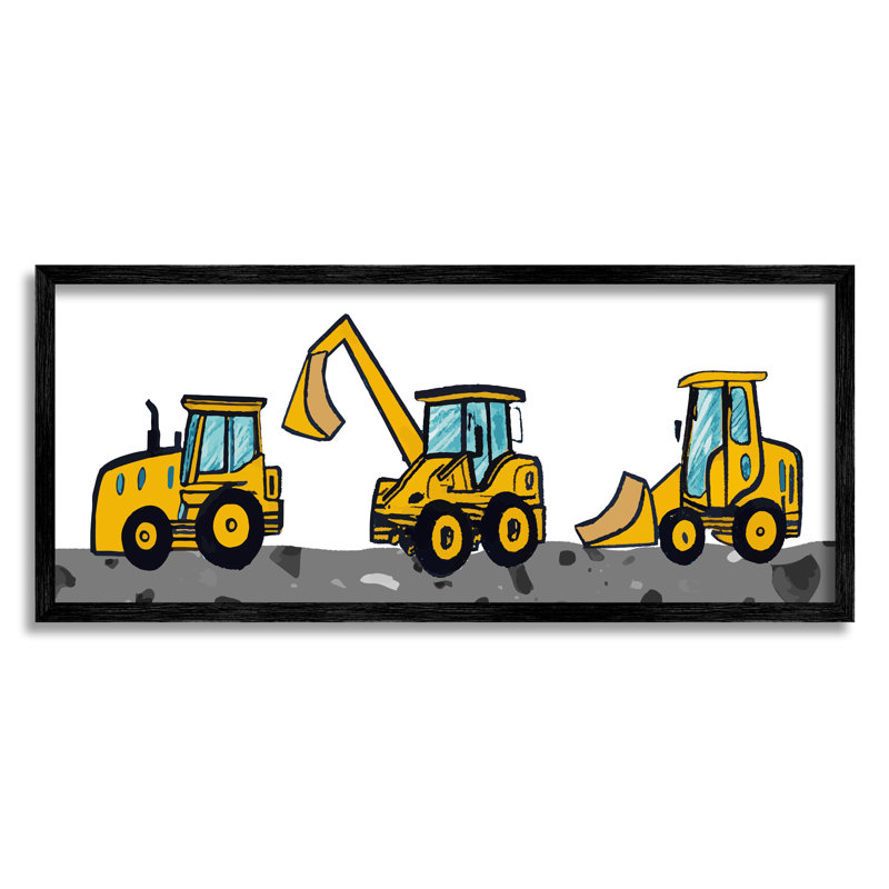 Ba-945 - Trio de bulldozers de construction encadrés sur bois par Lil 'Rue, Giclée encadrée noir minuit