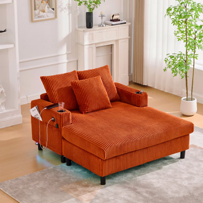 Canapé inclinable moderne en velours côtelé surdimensionné avec assise profonde, 3 coussins, charge USB, bande lumineuse à DEL RVB, porte-gobelet, poche latérale - convient au salon et à la chambre à coucher