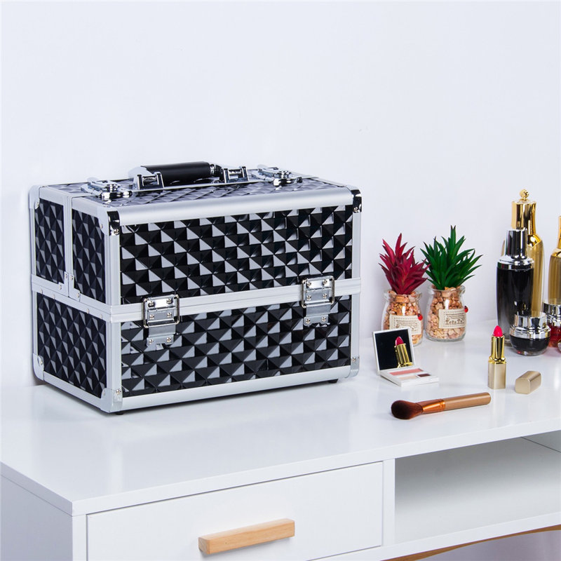 Professional Cosmetic Case Lockable Makeup Box Beauty Travel Case, Silver/Black