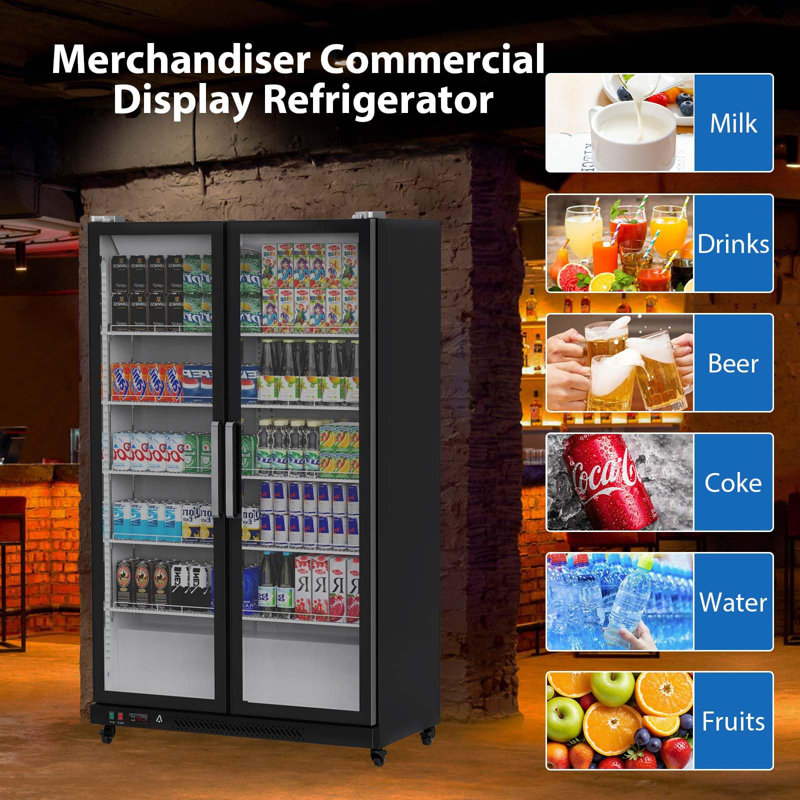 Commercial Refrigerator, 39 Cu.Ft Glass Door Beverage Cooler, Display Fridge with LED Light and Adjustable Shelves, Double Swing Doors, Digital Temperature Control Casters, for Restaurant, Store, Home