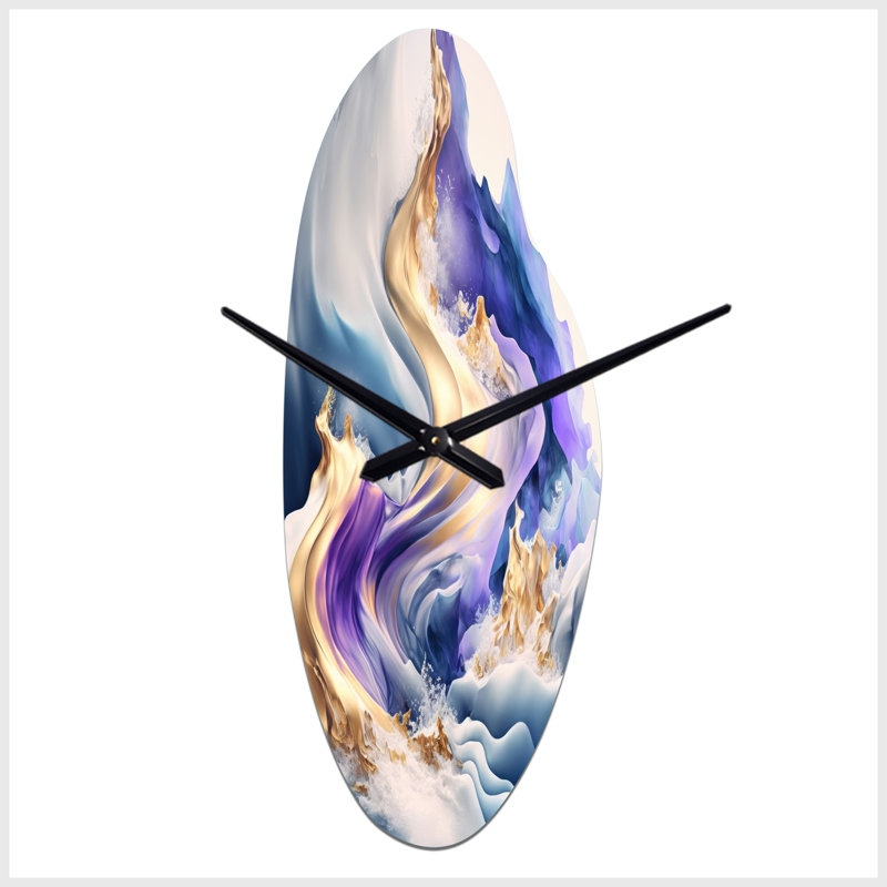 Bleu et or Splash Paint III - horloges asymétriques abstraites en métal, horloge murale incurvée bleue, Médium