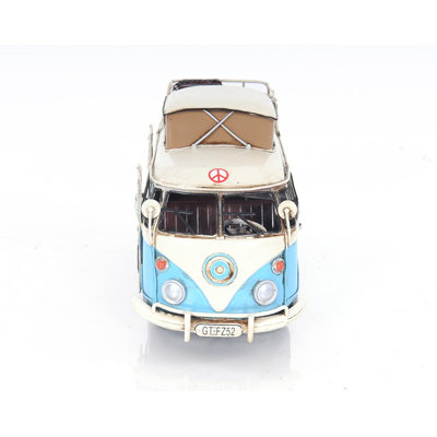6" Blue And White Metal Volkswagen Bus Sculpture