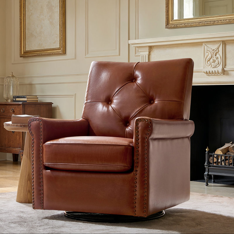 Stratton 31"W Transitional Genuine Leather Swivel Rocker Chair with Tufted Back and Nailhead Trim, Saddle