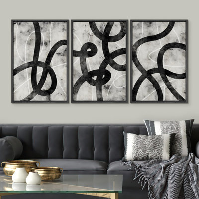" Abstract Black Line Minimalist Ink Brushstroke " 3 - Pieces on
