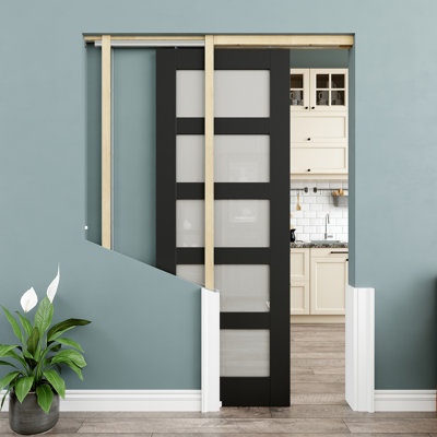 28" x 80" 5-Lite Black Frosted Glass Interior Pocket Door, Privacy Glass Door Slab, Sound-Dampening & Waterproof, As Laundry Doors, Closet Doors, Room Doors, Left Hand