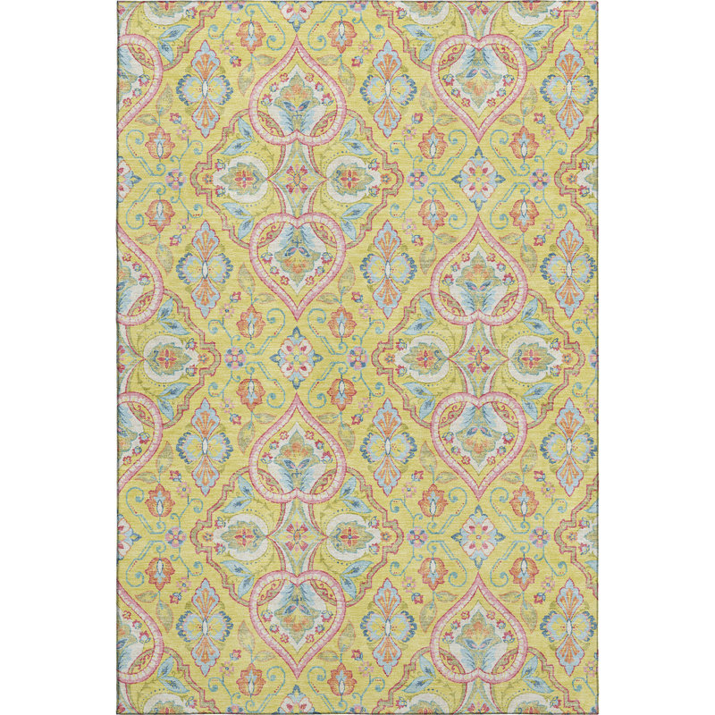 Premium Machine Washable Mayfield AMF2207 bohemian Rug, Yellow, 5' x 7'6"