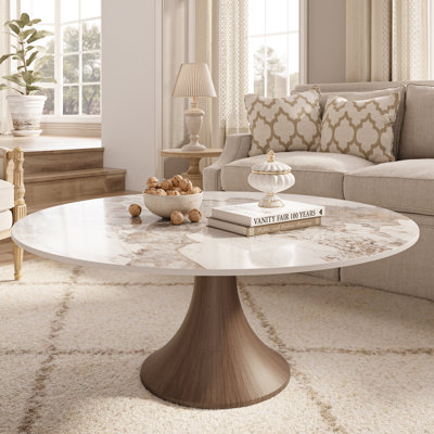 Mid-Century Modern Stone Marble Effect Round Coffee Table Solid Wood Pedestal Table For Living Room & Home Decor