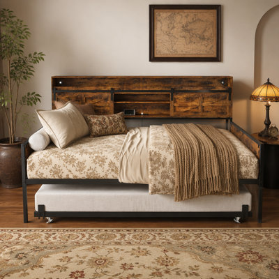 Twin Daybed with Trundle, Farmhouse Daybed Frame with Sliding Barn Door Headboard and Charging Station & LED Light for Bedroom and Guest Room, Rustic Brown