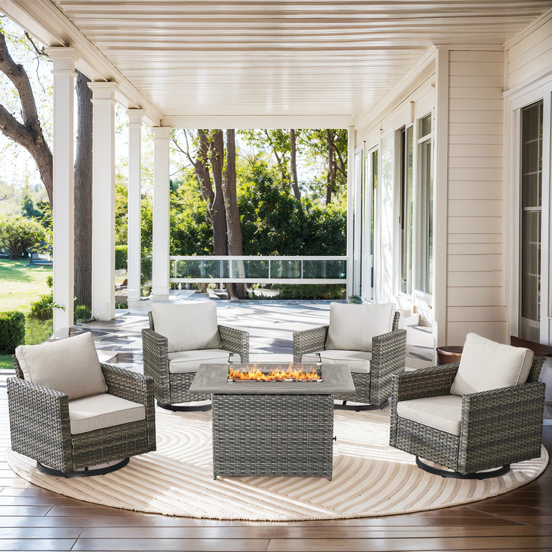 Naresa 5-Piece Outdoor Set  4 Swivel Gliders & Fire Pit Table, 55K BTU Heat, All-Weather PE Wicker, Beige, Light Gray