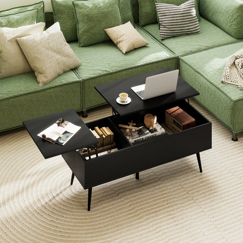Lift Top Coffee Table w/ Split Top & 2 Hidden Compartments Tapered Metal Legs, Black Top/Black Base