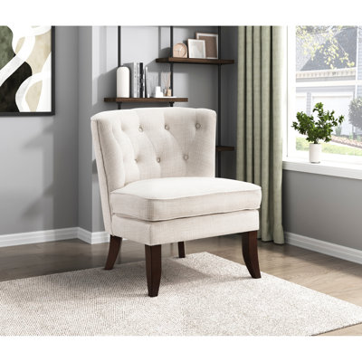 Beige Upholstered Chair With Button Pattern, Solid Wood Legs For A Stylish Addition Classic Exquisite Tufting, Leg Construction