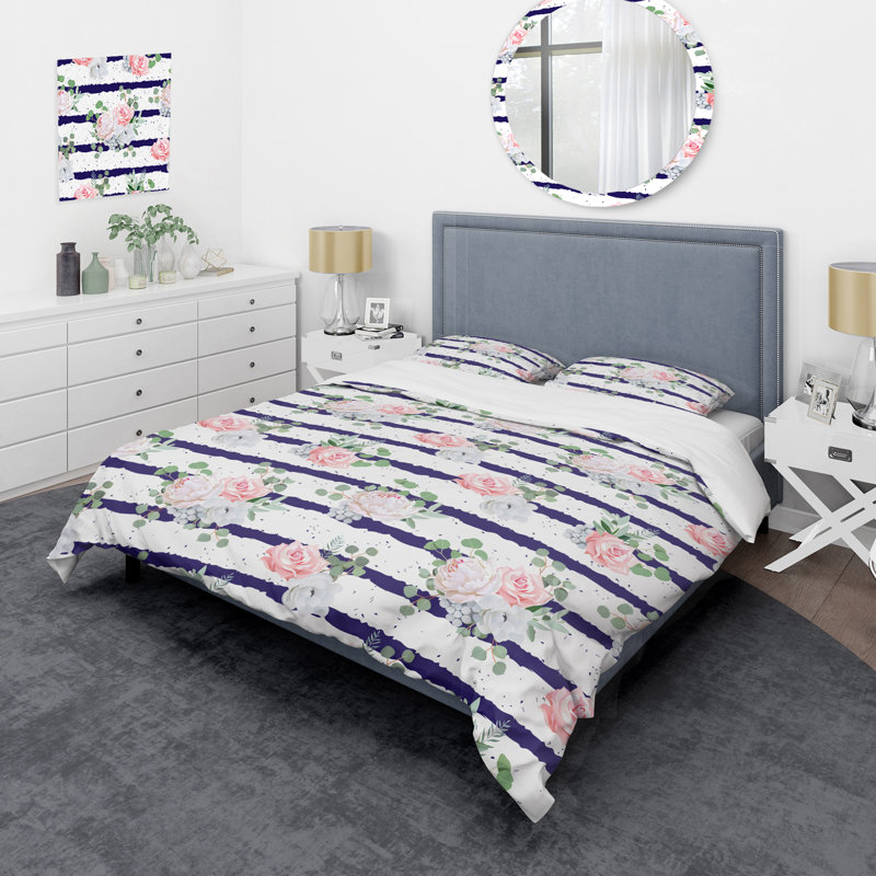 Motif rayé blanc et bleu I - Ensemble de housse de couette abstrait - Microfibre de polyester