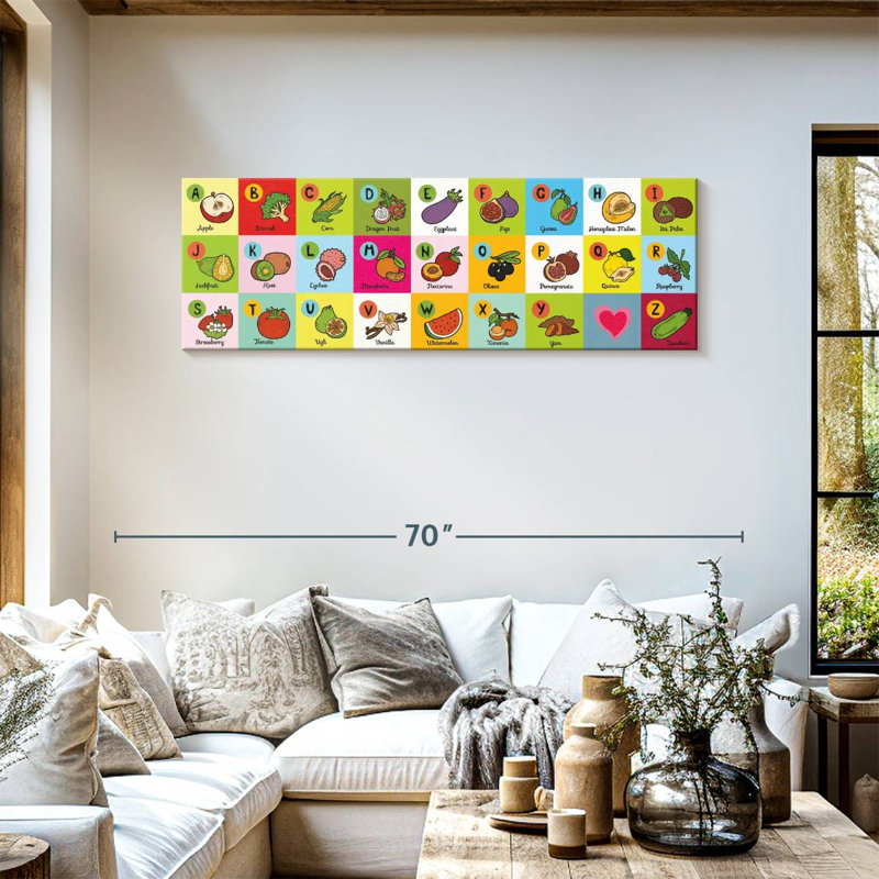 Fruits et légumes, tableau alphabétique sur toile, H 18 po x l 54 po x P 1,25 po