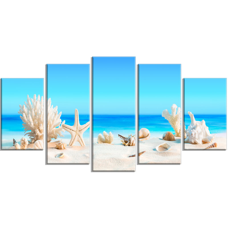 « coquillages on tropical beach », ensemble de 5 reproductions d’art sur toiles tendues