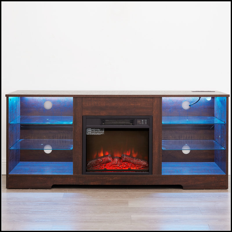 Electric Fireplace TV Stand with Glass Shelves, LED Lights, and USB Charging, Modern Wood Design for TVs up to 62 Inches