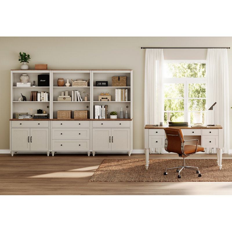 Ensemble de bureau 2 pièces, bureau double 56 po, bibliothèques avec 5 tiroirs et 2 portes, Blanc / Brun
