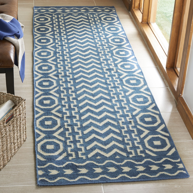 Rodgers Hand Woven Flat Weave Wool/Cotton Geometric Rug in Dark Blue/Ivory, Runner 2'6" x 10'