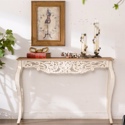 Console vieillie avec sculptures florales et bordure festonnée, idéale pour les vestibules, facile à assembler, sculptures en bois massif de 44,3 po de profondeur, rehaussant le décor du couloir, durable