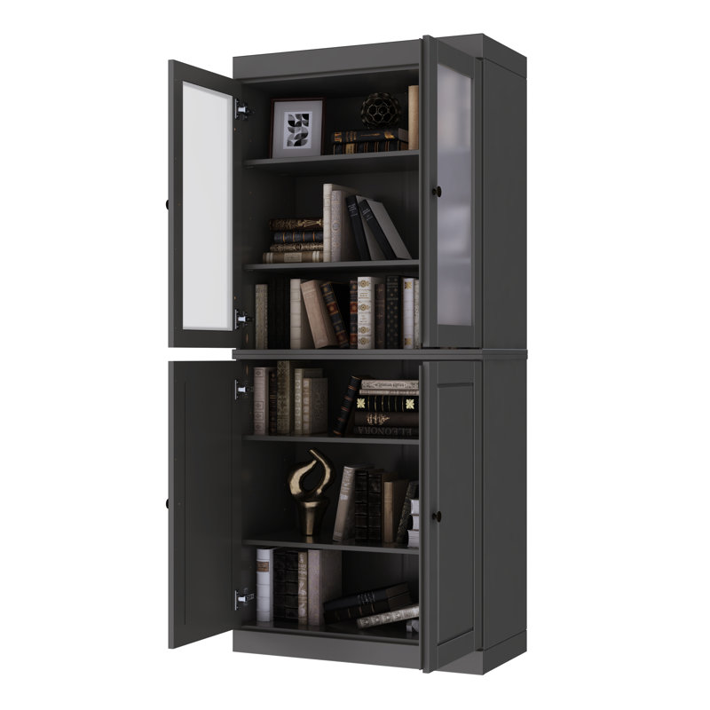 Vananh 100% Solid Wood 6-Shelf Bookcase with Solid, Frosted Glass Doors and Adjustable Shelves, Gray
