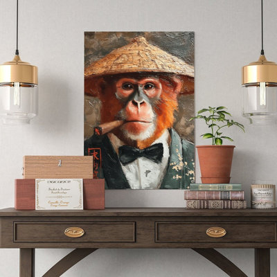 Canvas Wall Art Monkey In Straw Hat Smoking Cigar Oil Painting Art Vintage Poster Print Home Decor