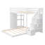 Lit superposé simple au dessus d'un lit double avec tablettes à 3 niveaux, tiroirs et escalier de rangement