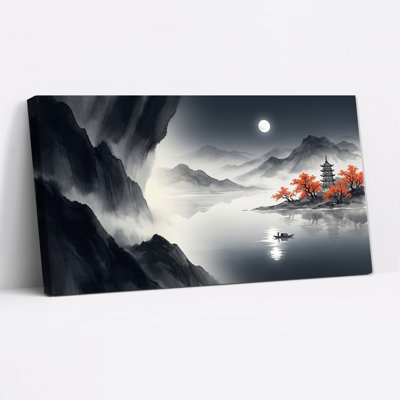 Tableau sur toile représentant un paysage de montagne à l'encre avec des arbres rouges et une pagode