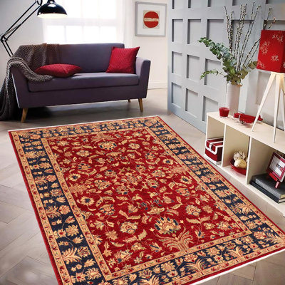 Tapis rouge / bleu en laine noué à la main 6 pi 3 po x 8 pi 10 po Baccio