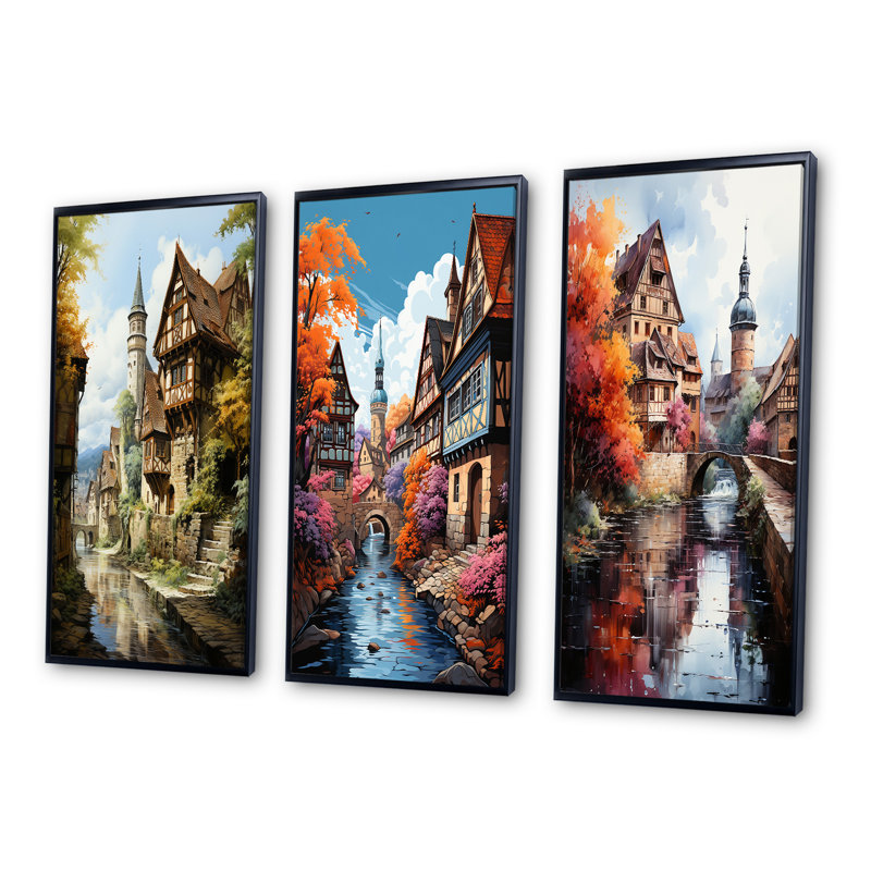 «Allemagne Bavarian Charm», 3 pièces sur toile, Cadre noir, H 28 po x l 36 po