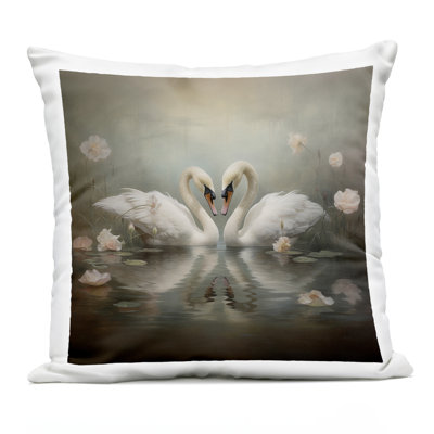 Romantic Swans in Floral Pond Design by Arlington Prints Outdoor Printed Pillow