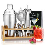Shaker Set Bartender Kit, 15Pcs Bartender Shaker Set, 304 Stainless Steel Martini Shaker And Strainer, 550Ml /19Oz Bar Tool Set With Bamboo Stand, Recipe Book, For Home And Bar