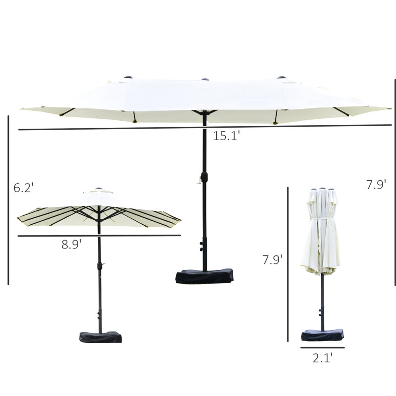 Parasol de patio de 15 pi - Parasol de marché rectangulaire en acier à double face, Protection solaire beige, Mécanisme à manivelle facile, Pour bloquer la piscine, Base, Plateforme d'assemblage