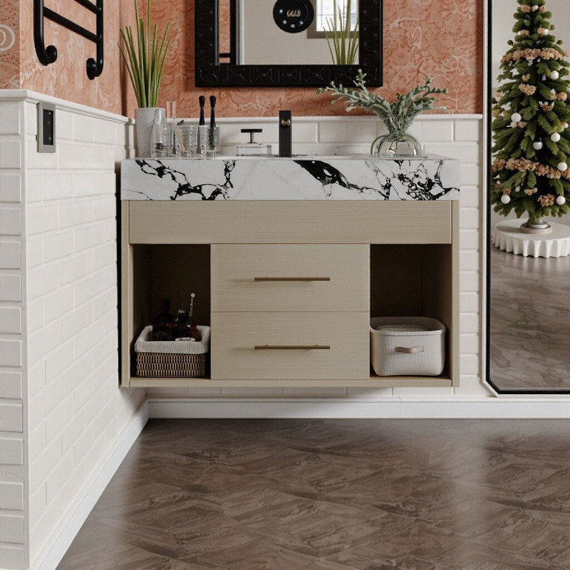 Meuble-lavabo flottant 29,9 po avec comptoir en pierre frittée, lavabo encastré en céramique, Brun, Blanc / Gris