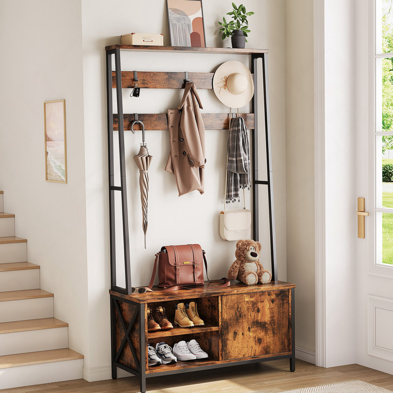Hall Tree With Bench And Shoe Storage, Coat Rack With Shoe Storage, Wood Look, Coat Rack With Bench, Industrial Style, Large 6 Hooks, 31.5" X 15.8" X 71" Retro Brown Color