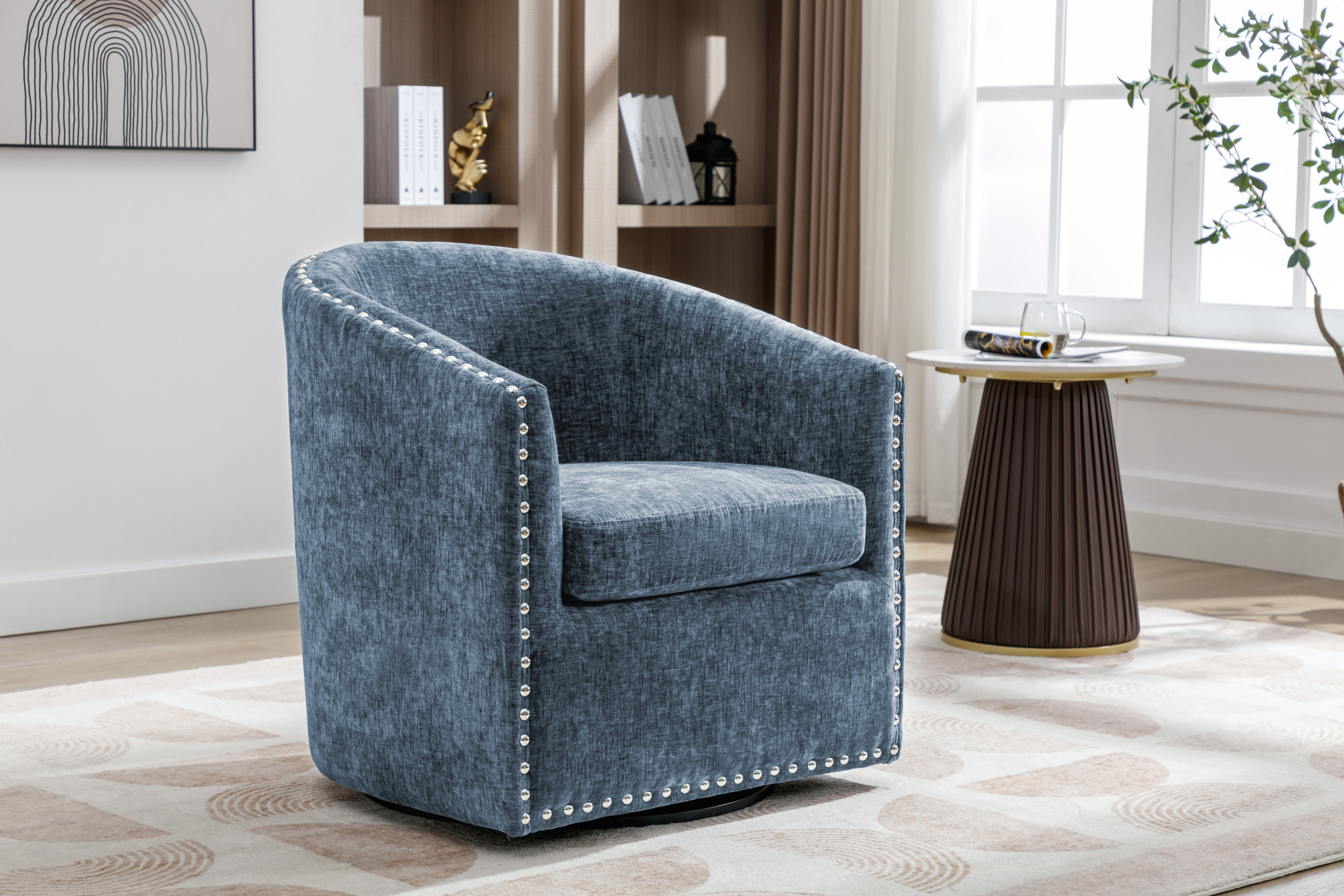 Ebern Designs Wanti Swivel Fabric Upholstered Barrel Accent Chair ...