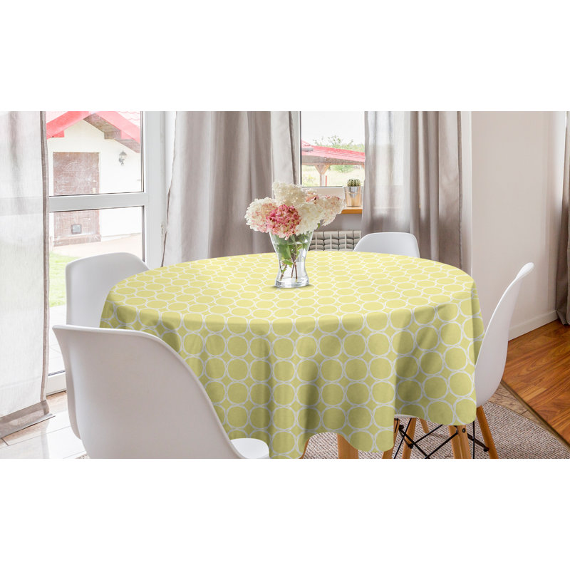 Ambesonne Geometric Round Tablecloth, Abstract Simplistic Continuous Pattern Circular Shapes In Pastel Tone, Circle Table Cloth Cover For Dining Room Kitchen Decoration, 60", Pale Yellow And White