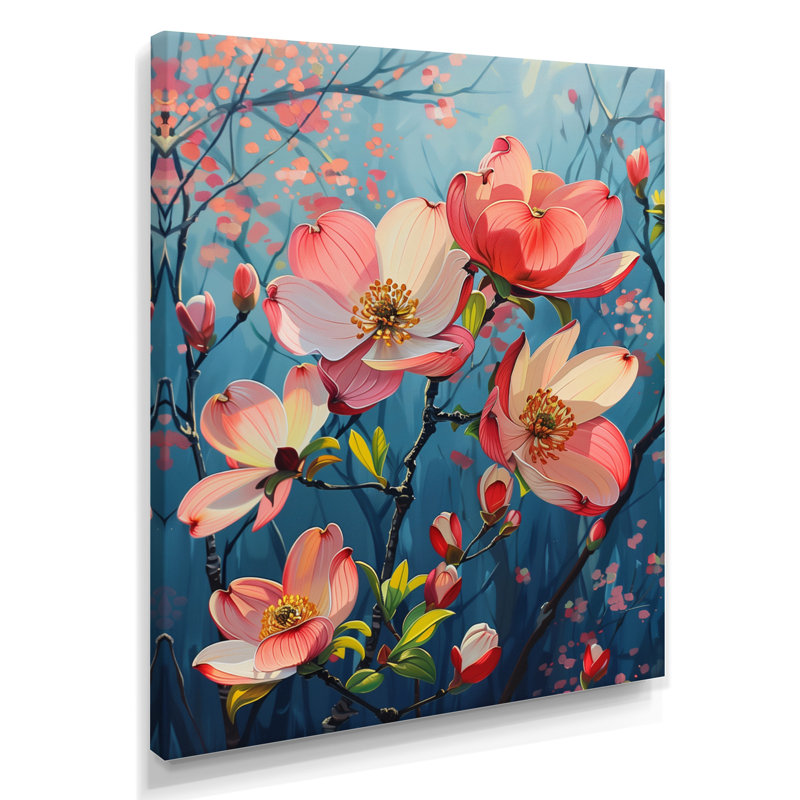 Collage de fleurs de cornouiller rose et bleu, H 12 po x l 20 po, Toile tendue