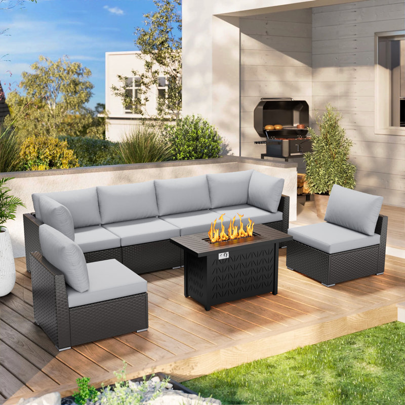 7 Piece Sectional Seating Group With Cushions, Light Gray