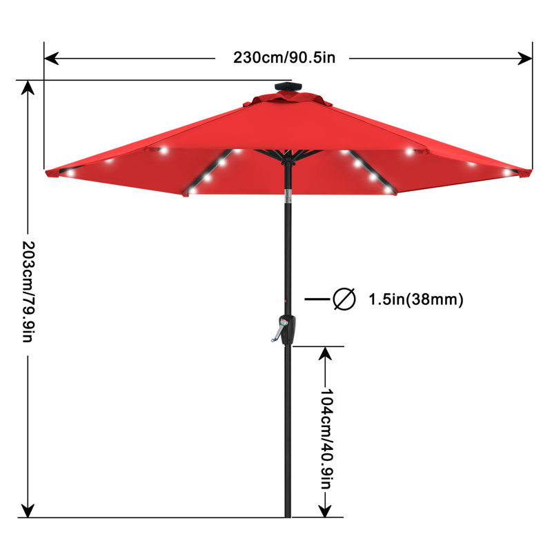 Parasol de marché avec lumières solaires à DEL, inclinaison et manivelle Cutshall, Rouge, 7.5'